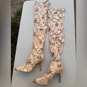 Sugar Thrillz Dolls Kill Regency Bunny Floral Print OTK Stretch Tall Heel Boots